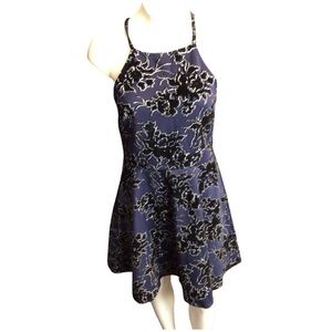 Floral Halter Dress in Blue and Black Velvet Skater Dress
